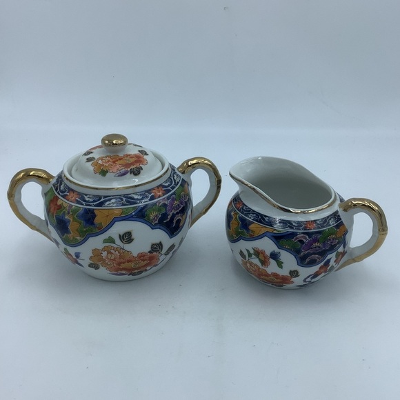 Japanese  Asian Floral Creamer and Lidded  Sugar - Picture 1 of 10